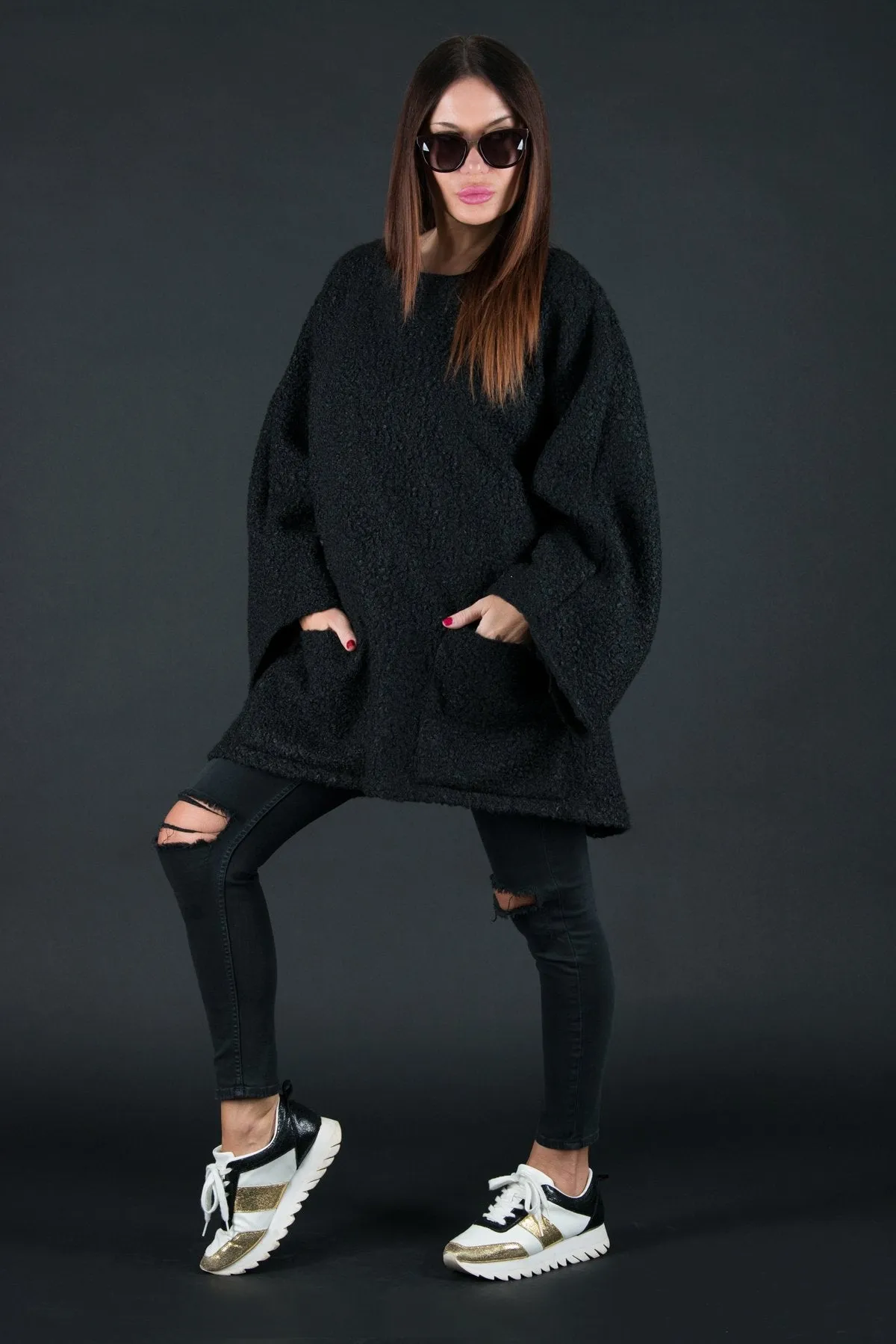 MAGDALENA Black Wool Winter Poncho SALE