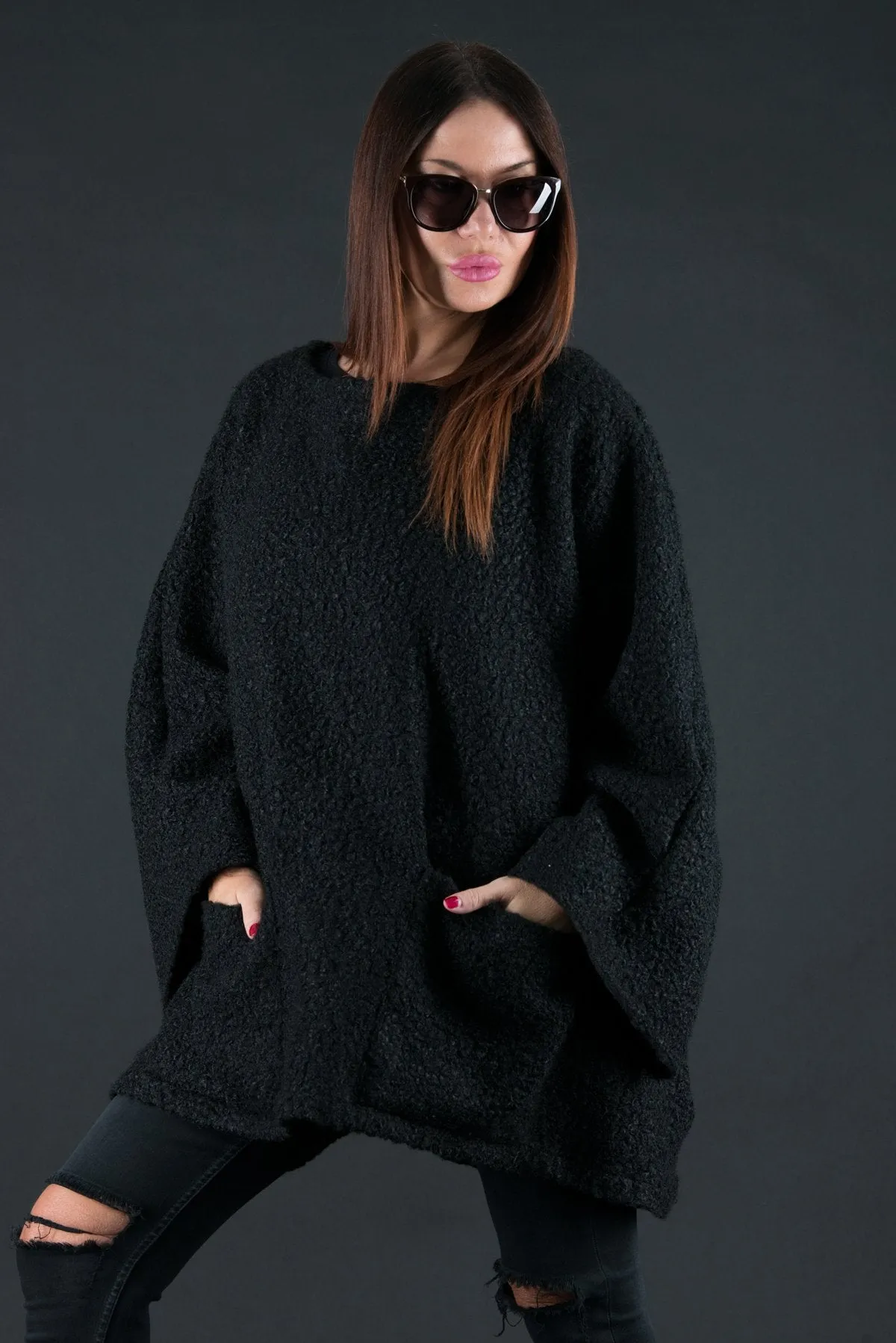 MAGDALENA Black Wool Winter Poncho SALE