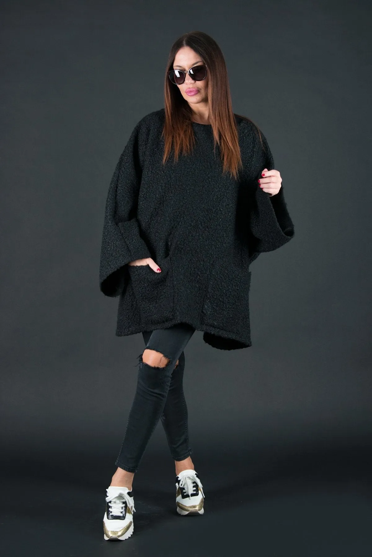 MAGDALENA Black Wool Winter Poncho SALE