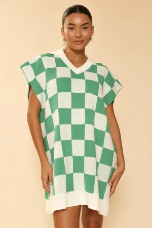 MISS SPARKLING Green-White Checker knit poncho Dress