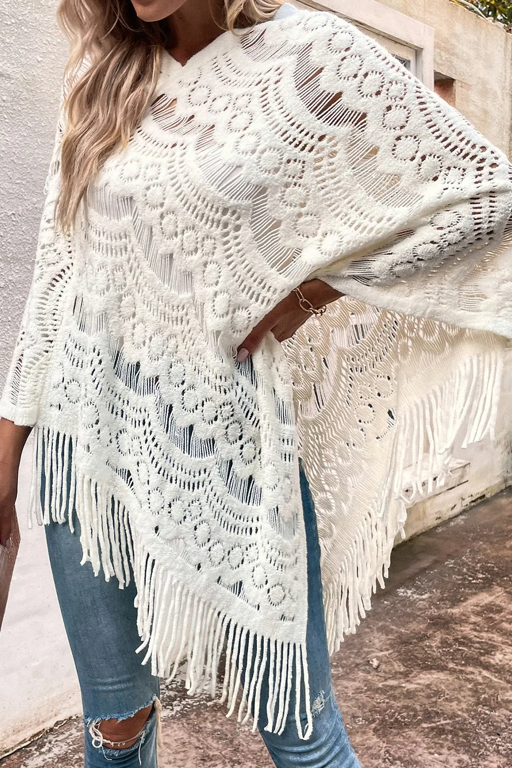 Openwork Fringe Detail Poncho