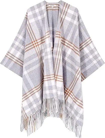 Peach Tan Winter Chic Plaid Poncho Cardigan