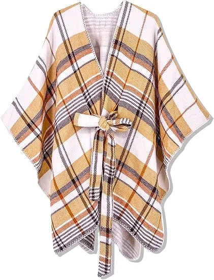 Peach Tan Winter Chic Plaid Poncho Cardigan