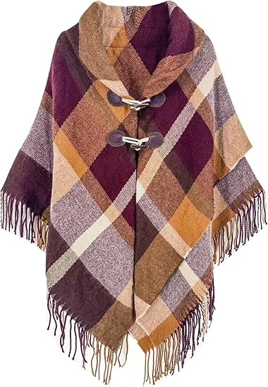 Peach Tan Winter Chic Plaid Poncho Cardigan