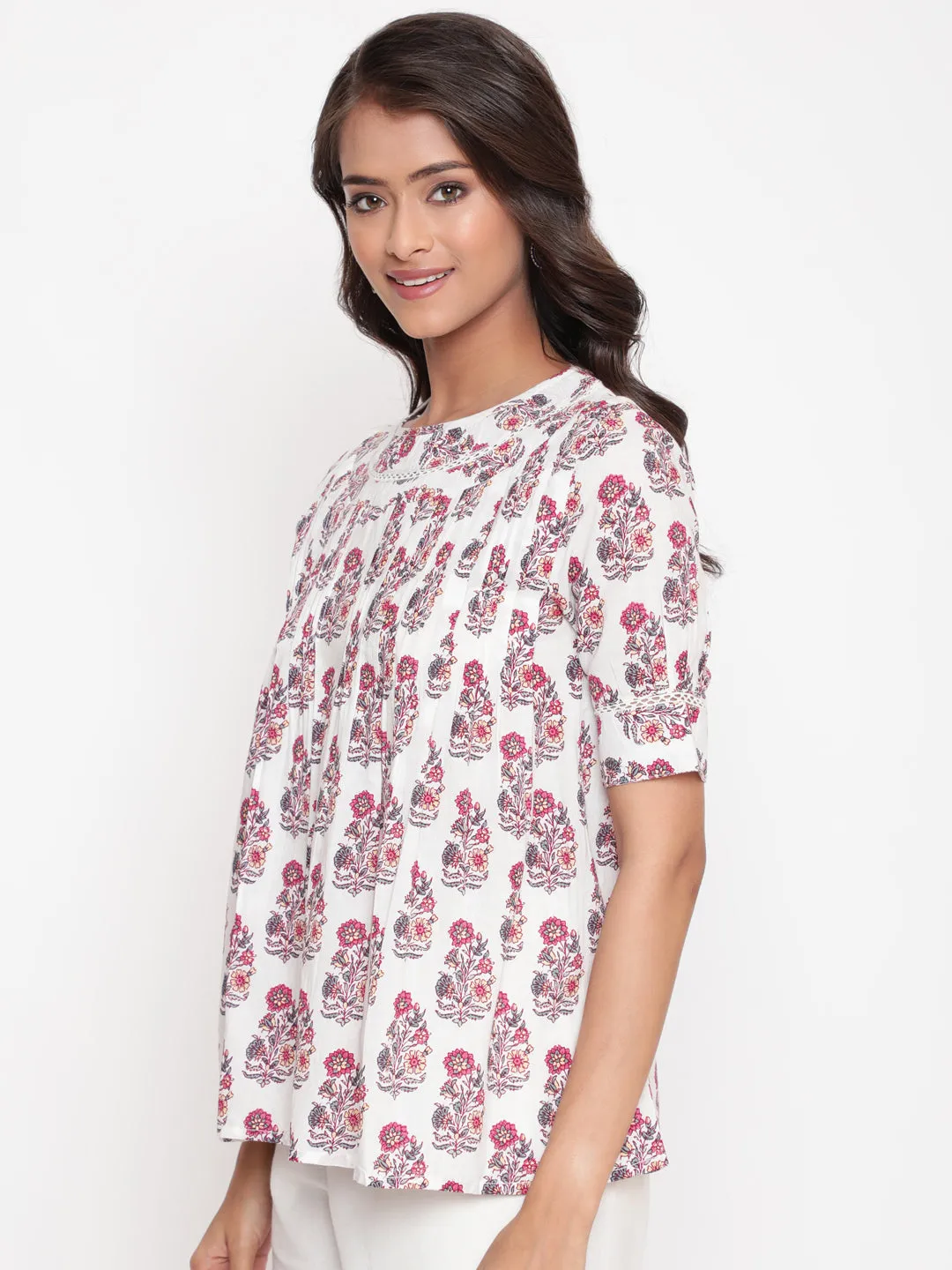 Pink White Floral Printed Pintuck Tunic Top