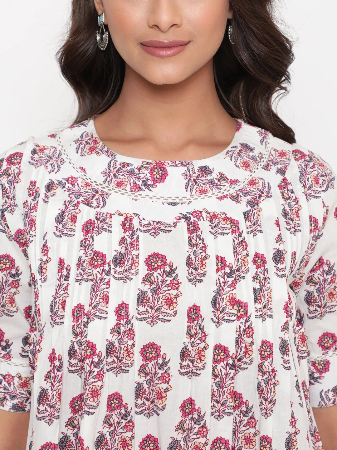 Pink White Floral Printed Pintuck Tunic Top