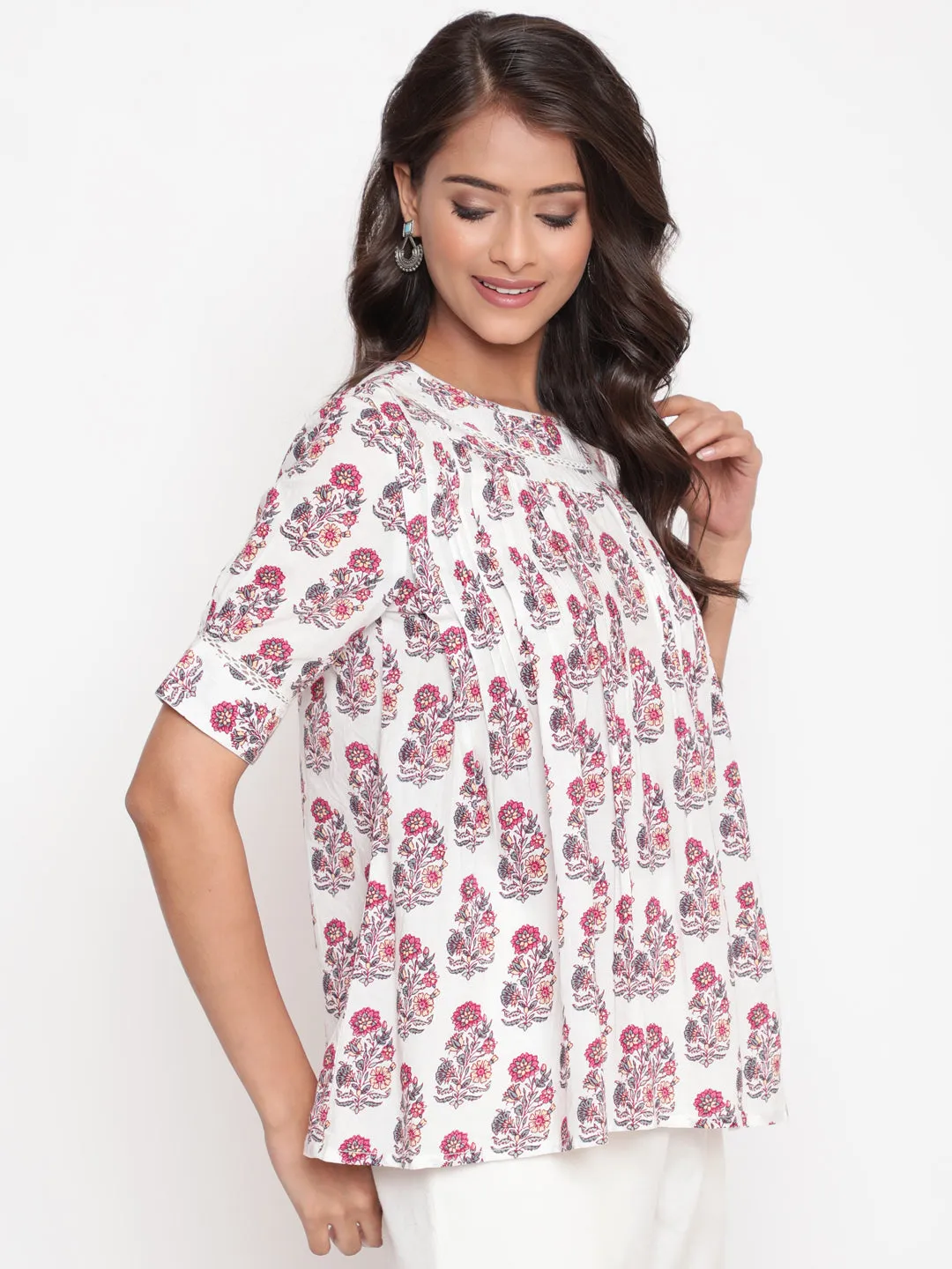 Pink White Floral Printed Pintuck Tunic Top