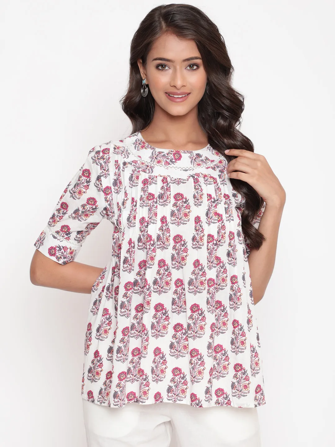 Pink White Floral Printed Pintuck Tunic Top