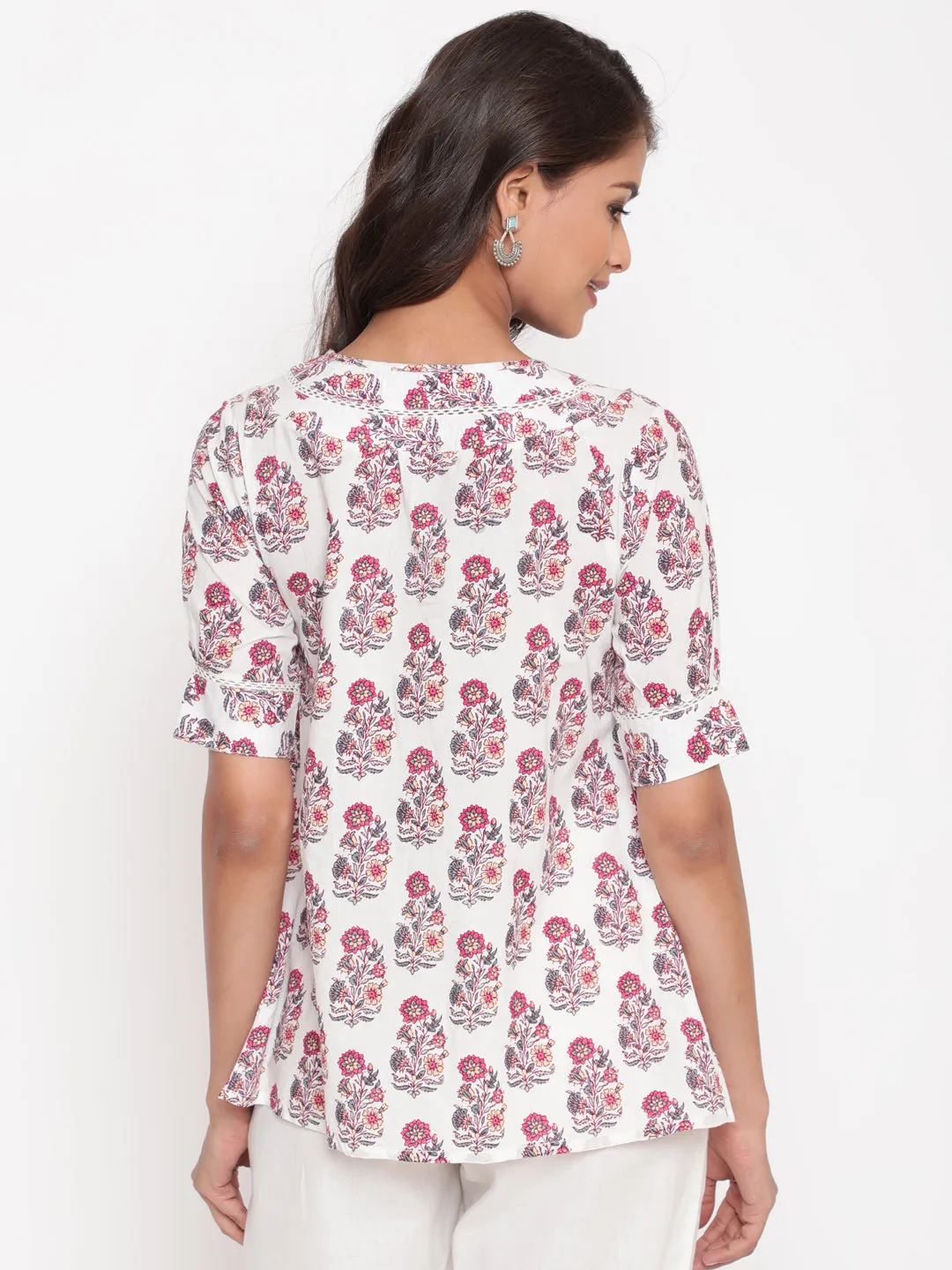 Pink White Floral Printed Pintuck Tunic Top