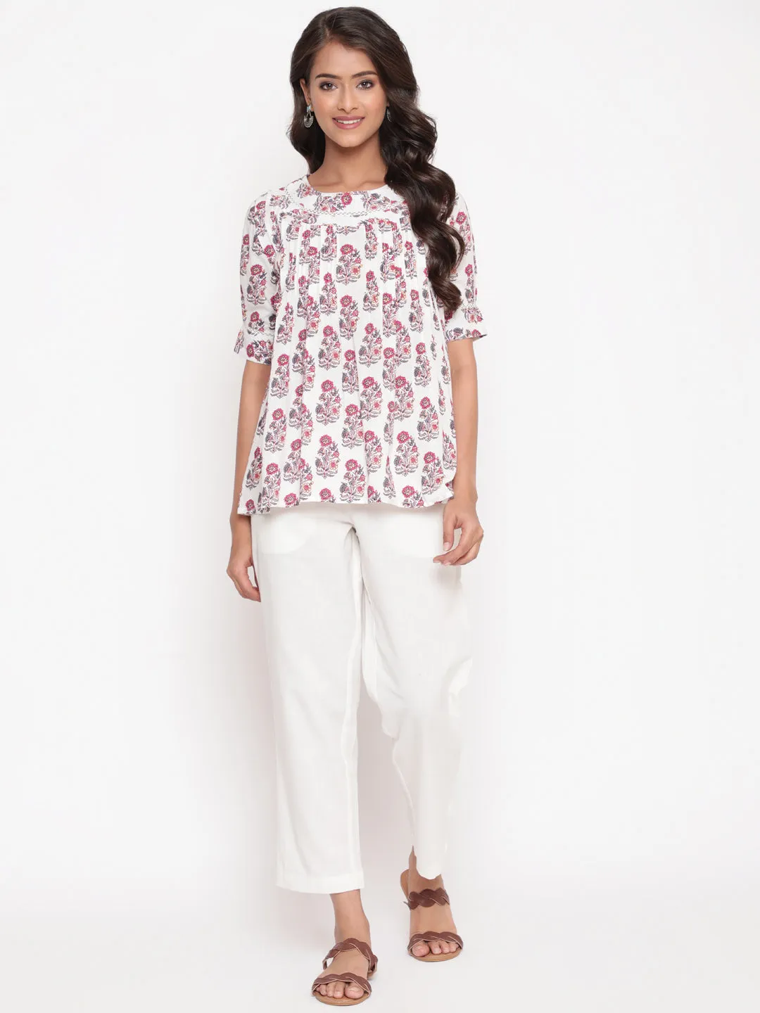 Pink White Floral Printed Pintuck Tunic Top