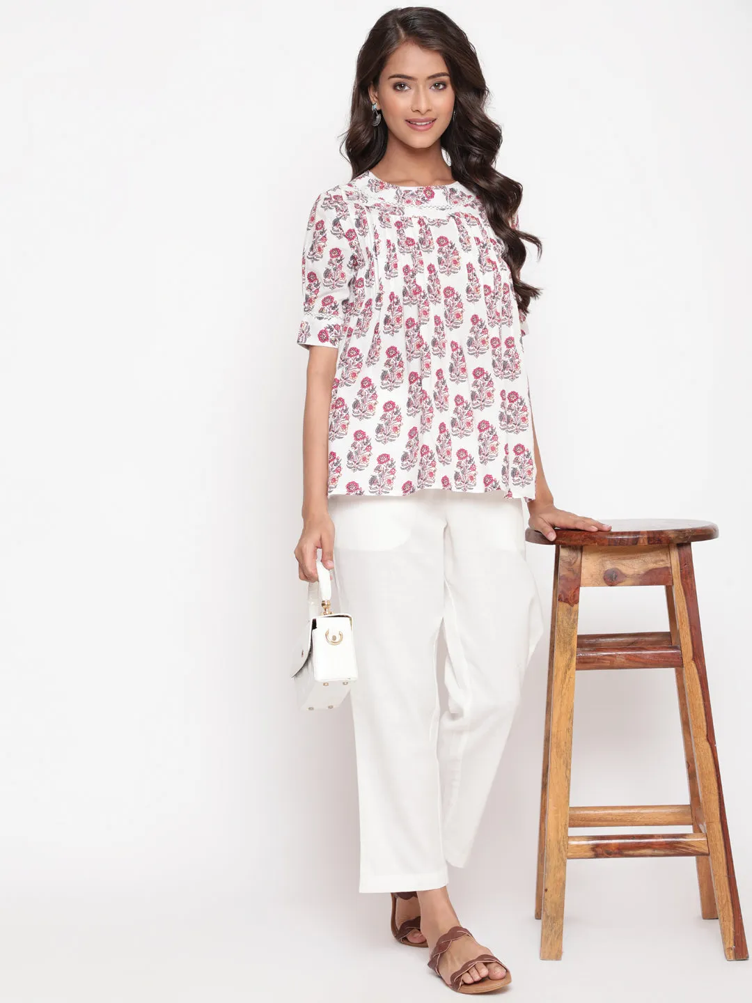 Pink White Floral Printed Pintuck Tunic Top