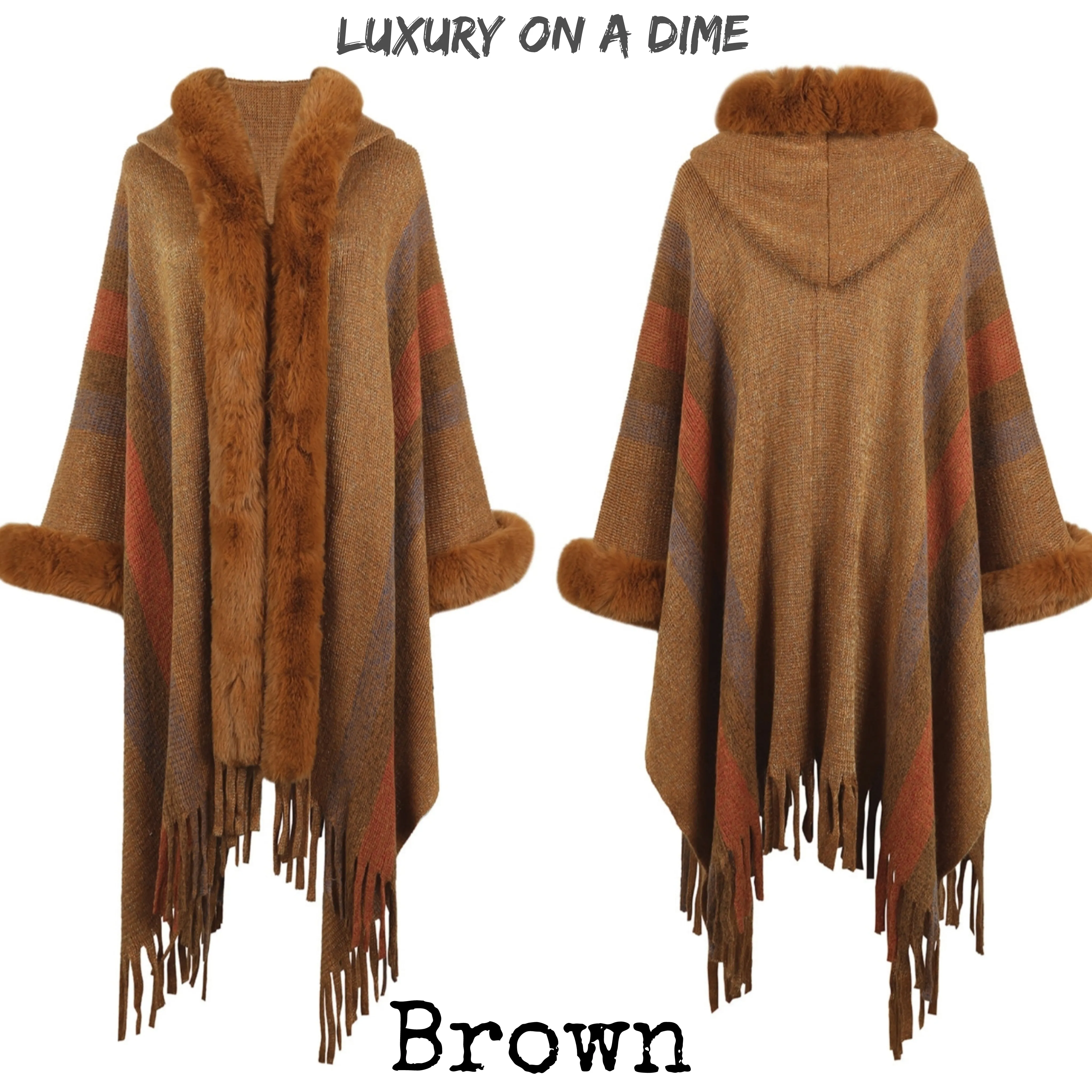 Plush Faux Fur Fringe Hem Retro Oversized Long Knit Hoodie Cardigan Poncho