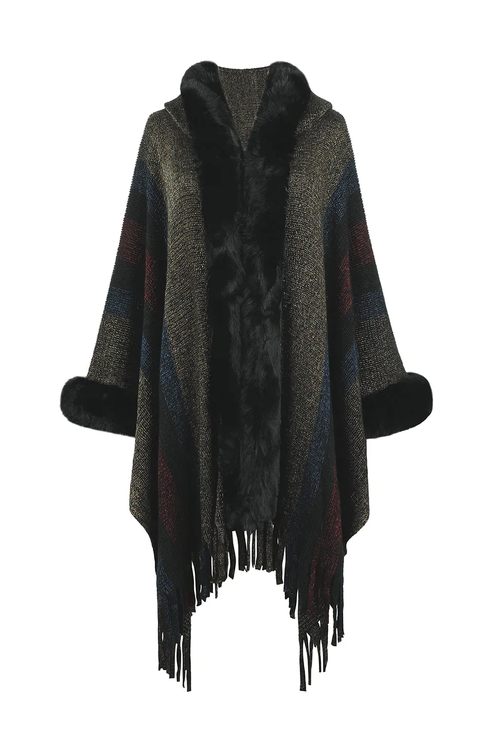 Plush Faux Fur Fringe Hem Retro Oversized Long Knit Hoodie Cardigan Poncho