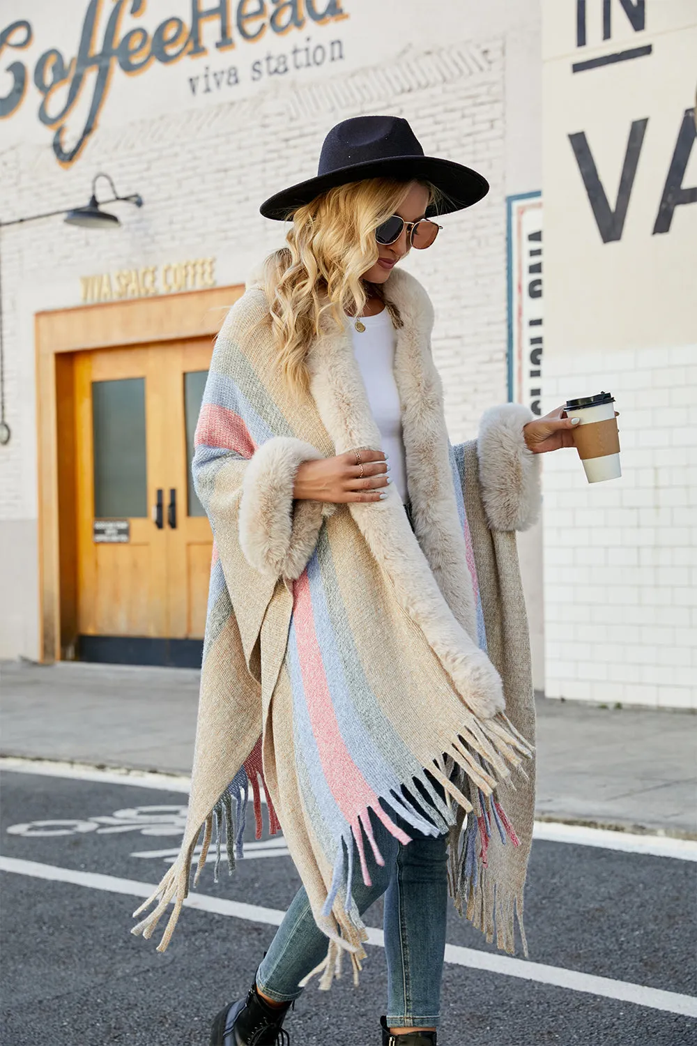 Plush Faux Fur Fringe Hem Retro Oversized Long Knit Hoodie Cardigan Poncho