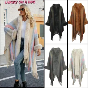 Plush Faux Fur Fringe Hem Retro Oversized Long Knit Hoodie Cardigan Poncho