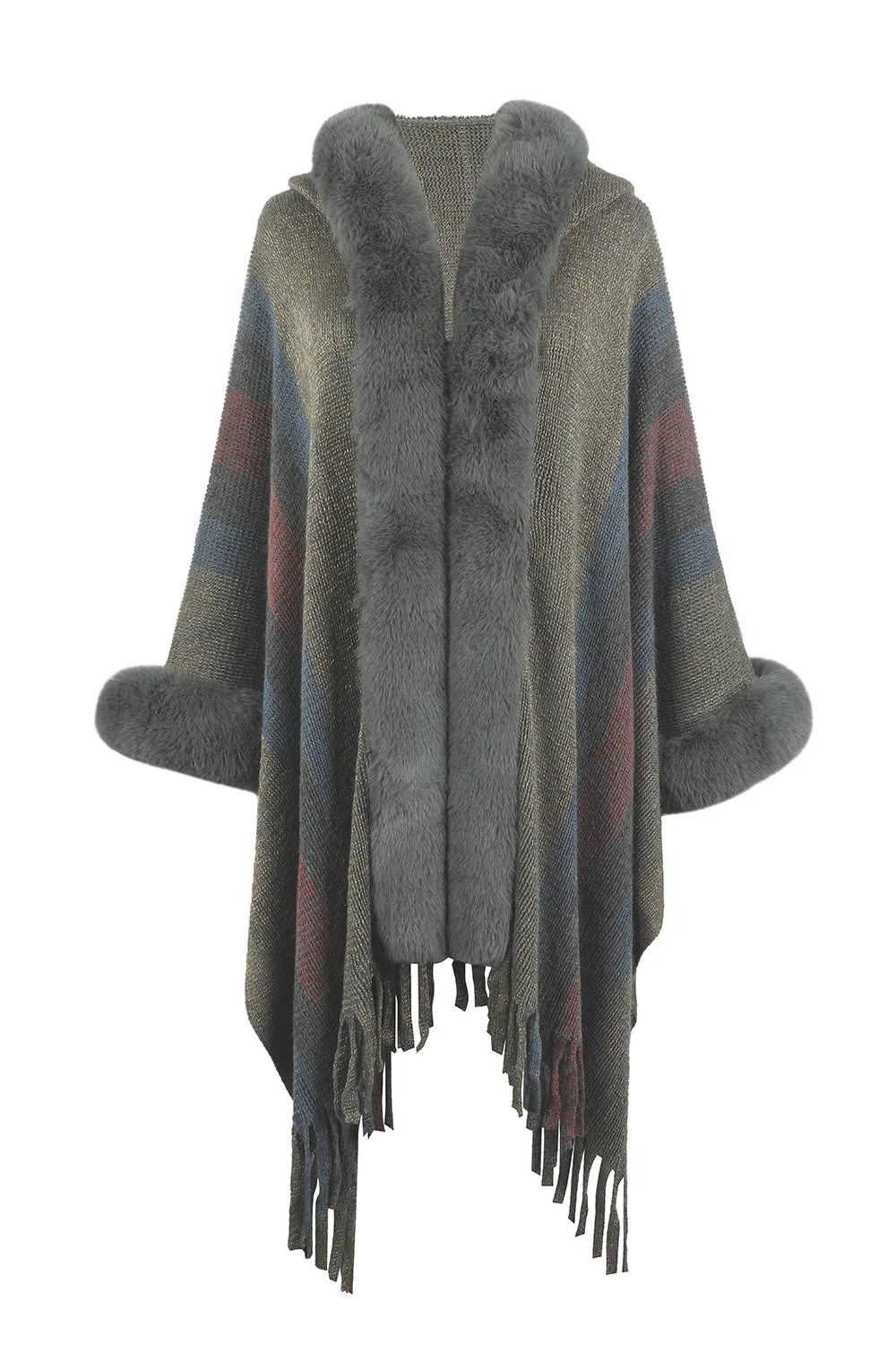 Plush Faux Fur Fringe Hem Retro Oversized Long Knit Hoodie Cardigan Poncho