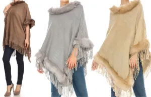 Relaxed Fit Knit Sweater Poncho with Fur