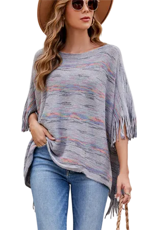 Round Neck Fringe Detail Sleeve Poncho