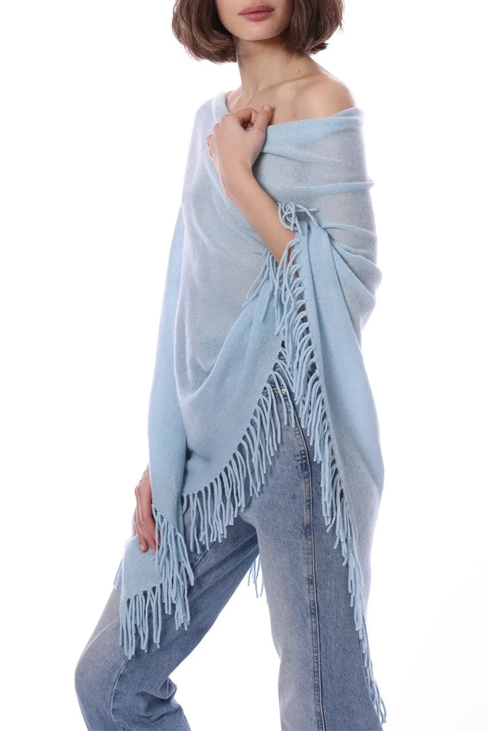 Ruana Fringe Poncho - Baby Blue