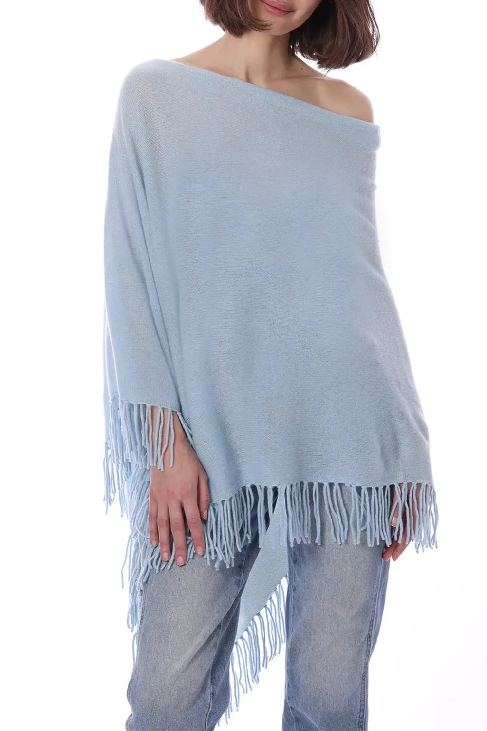 Ruana Fringe Poncho - Baby Blue