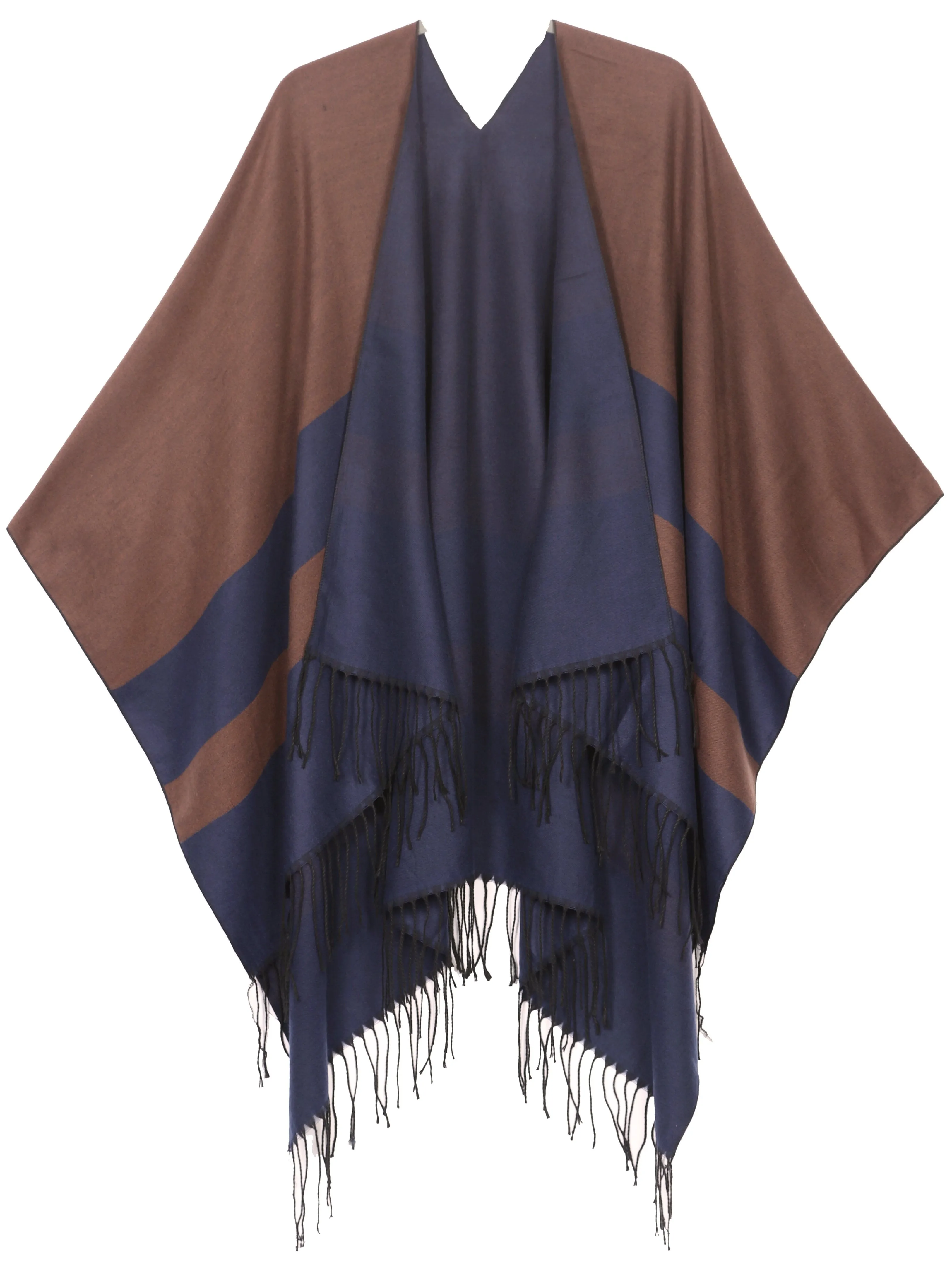 Sakkas Avi Women's Reversible Open Front Poncho Cardigan Ruana Cape Shawl W/Fringe