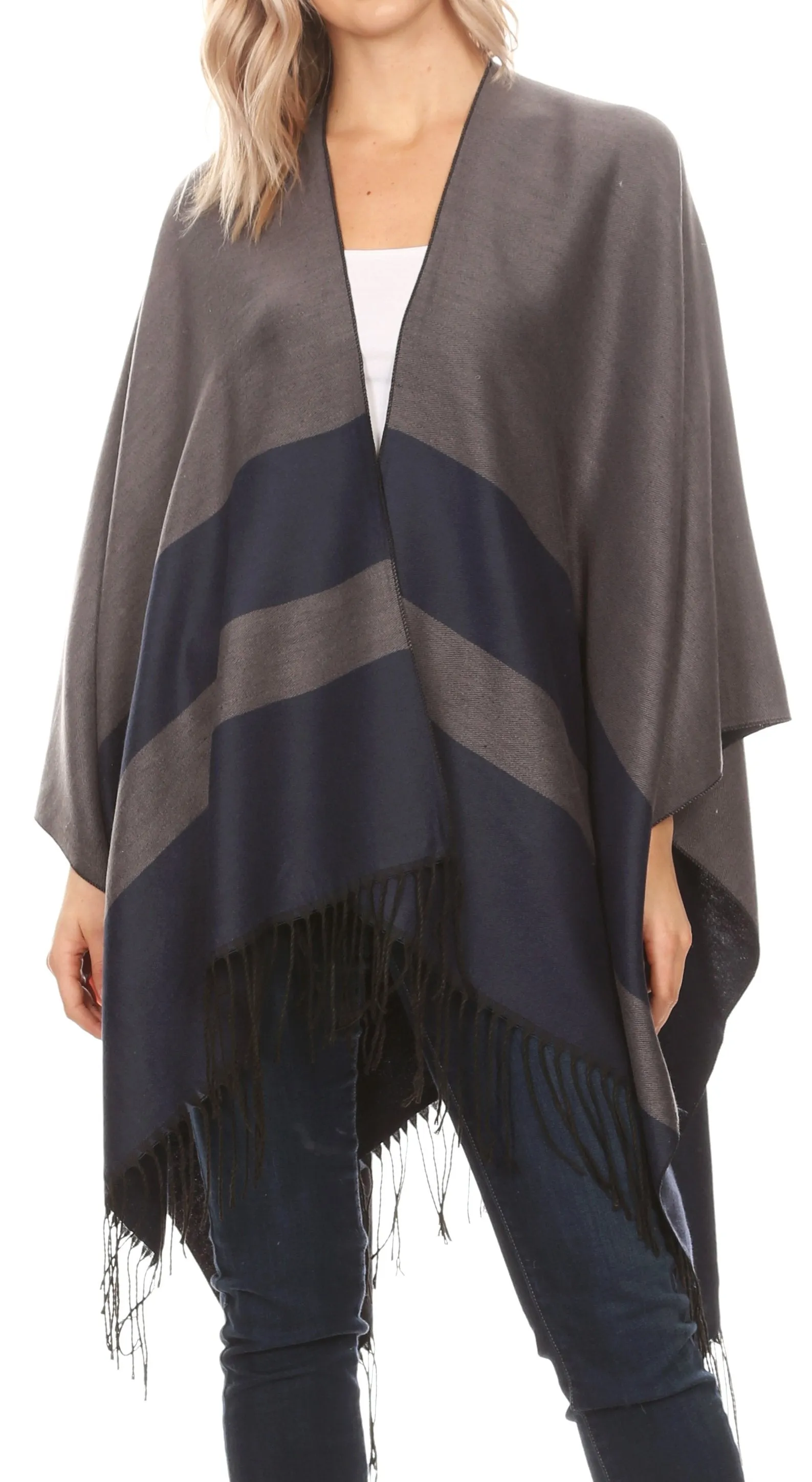 Sakkas Avi Women's Reversible Open Front Poncho Cardigan Ruana Cape Shawl W/Fringe