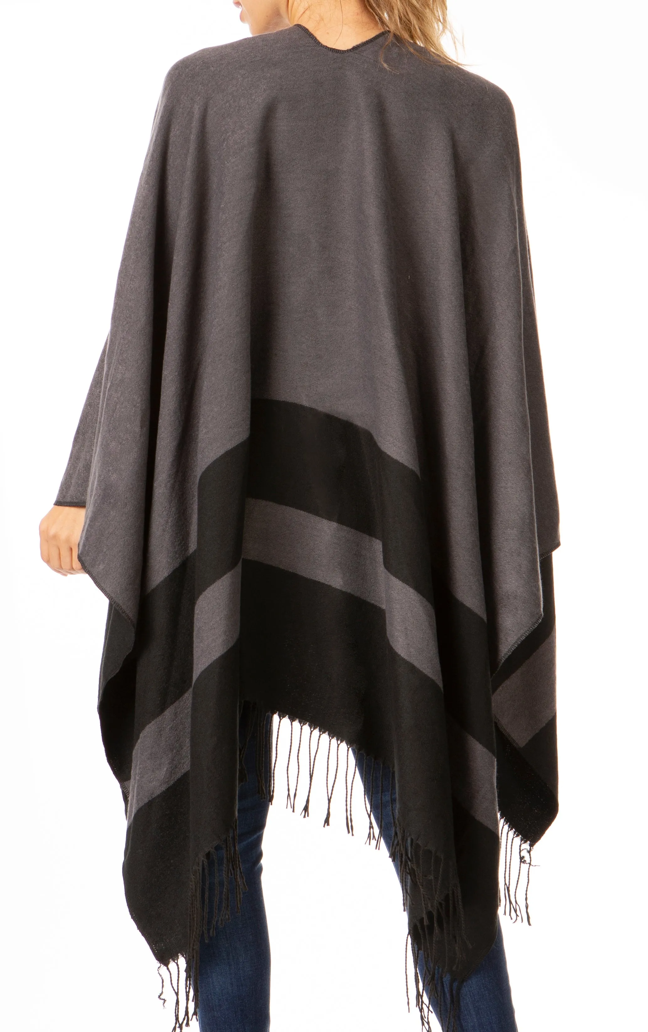 Sakkas Avi Women's Reversible Open Front Poncho Cardigan Ruana Cape Shawl W/Fringe