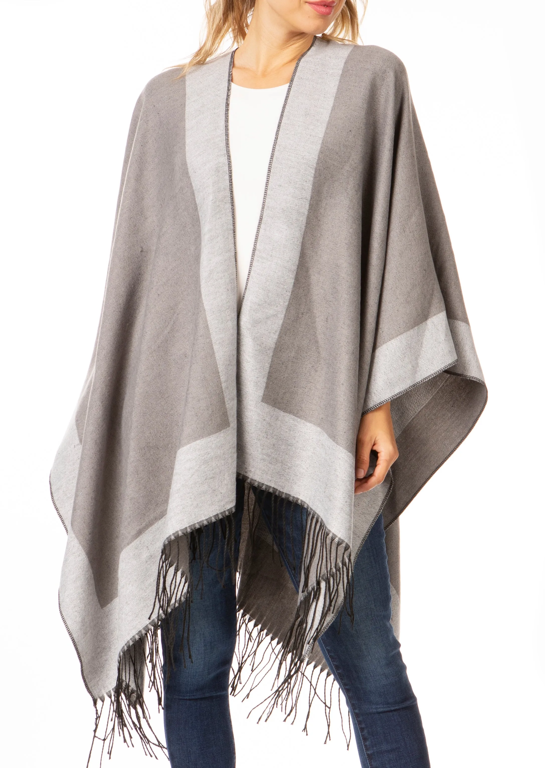 Sakkas Avi Women's Reversible Open Front Poncho Cardigan Ruana Cape Shawl W/Fringe