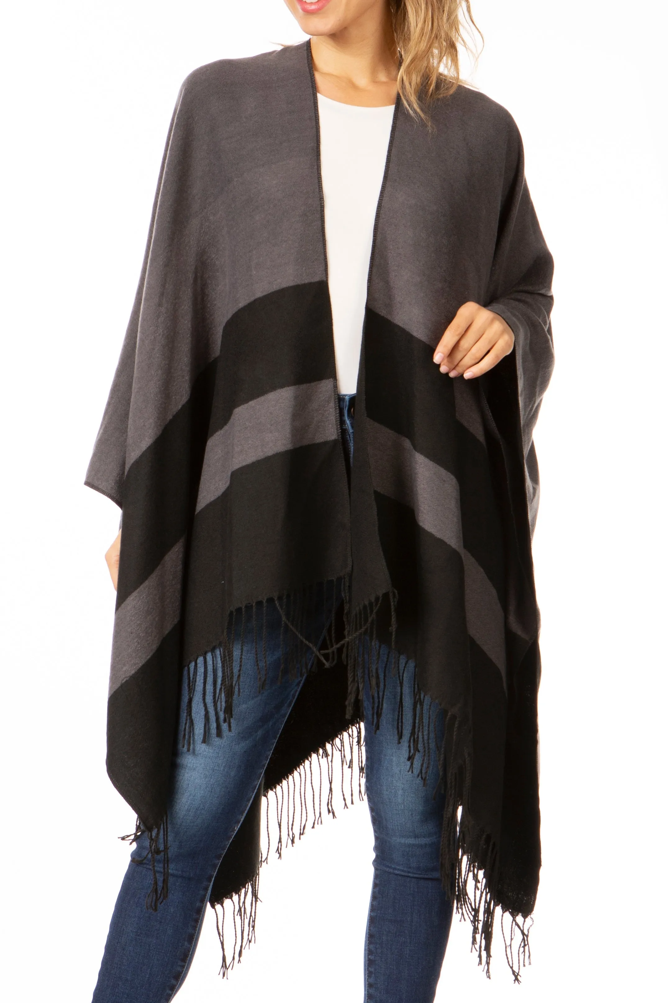 Sakkas Avi Women's Reversible Open Front Poncho Cardigan Ruana Cape Shawl W/Fringe