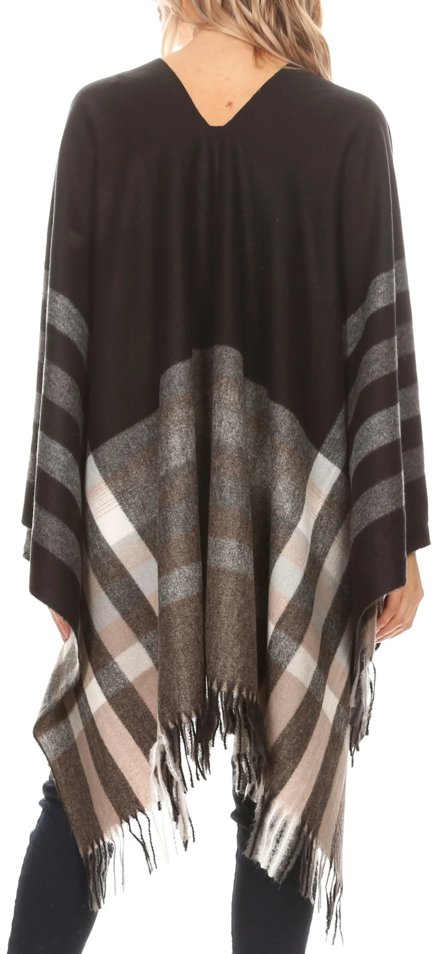 Sakkas Avi Women's Reversible Open Front Poncho Cardigan Ruana Cape Shawl W/Fringe