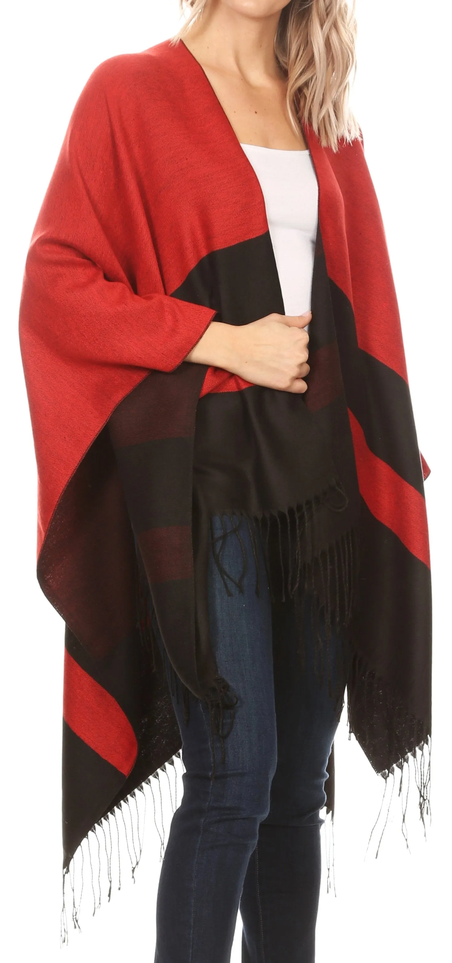 Sakkas Avi Women's Reversible Open Front Poncho Cardigan Ruana Cape Shawl W/Fringe