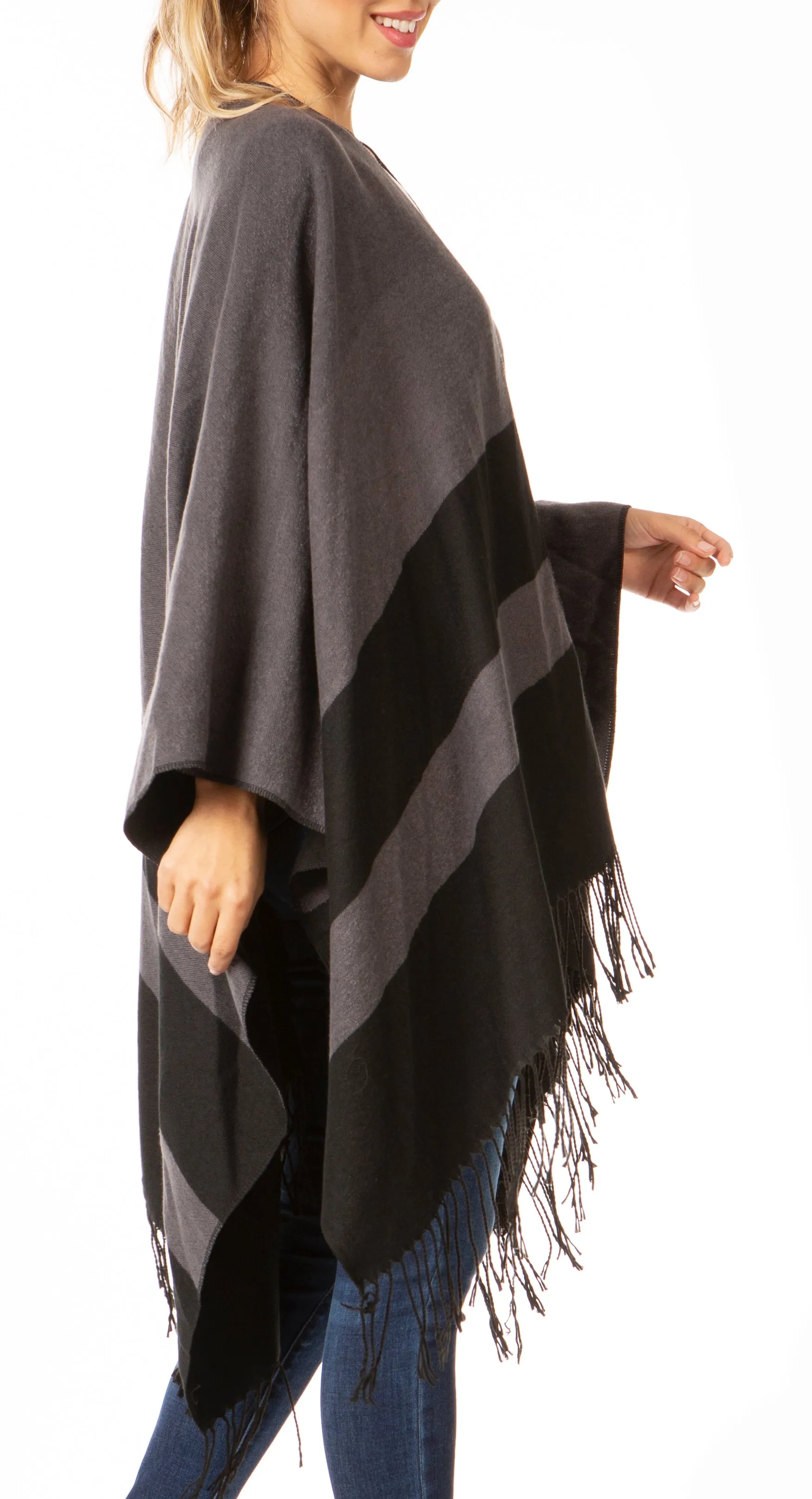 Sakkas Avi Women's Reversible Open Front Poncho Cardigan Ruana Cape Shawl W/Fringe