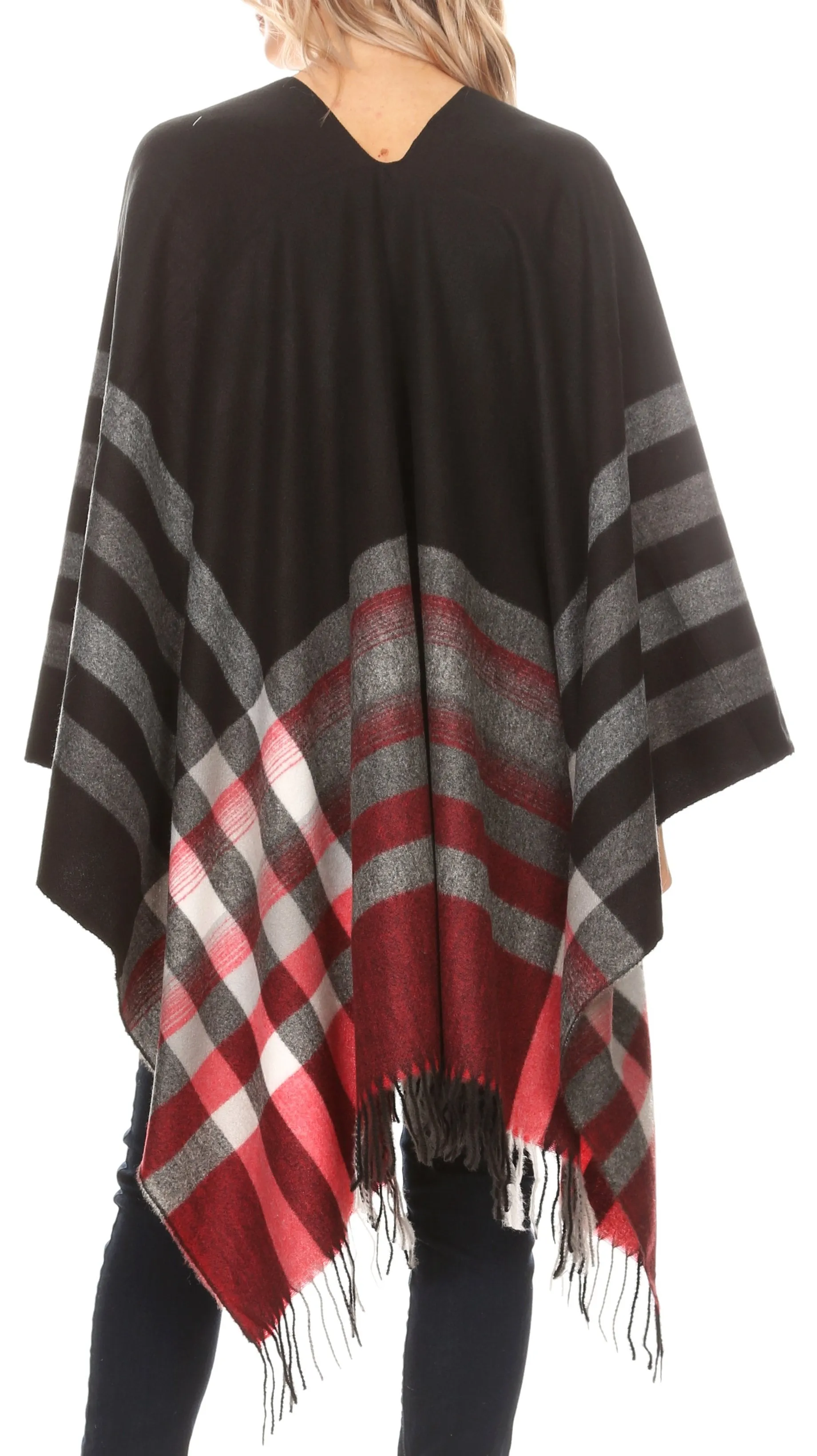 Sakkas Avi Women's Reversible Open Front Poncho Cardigan Ruana Cape Shawl W/Fringe