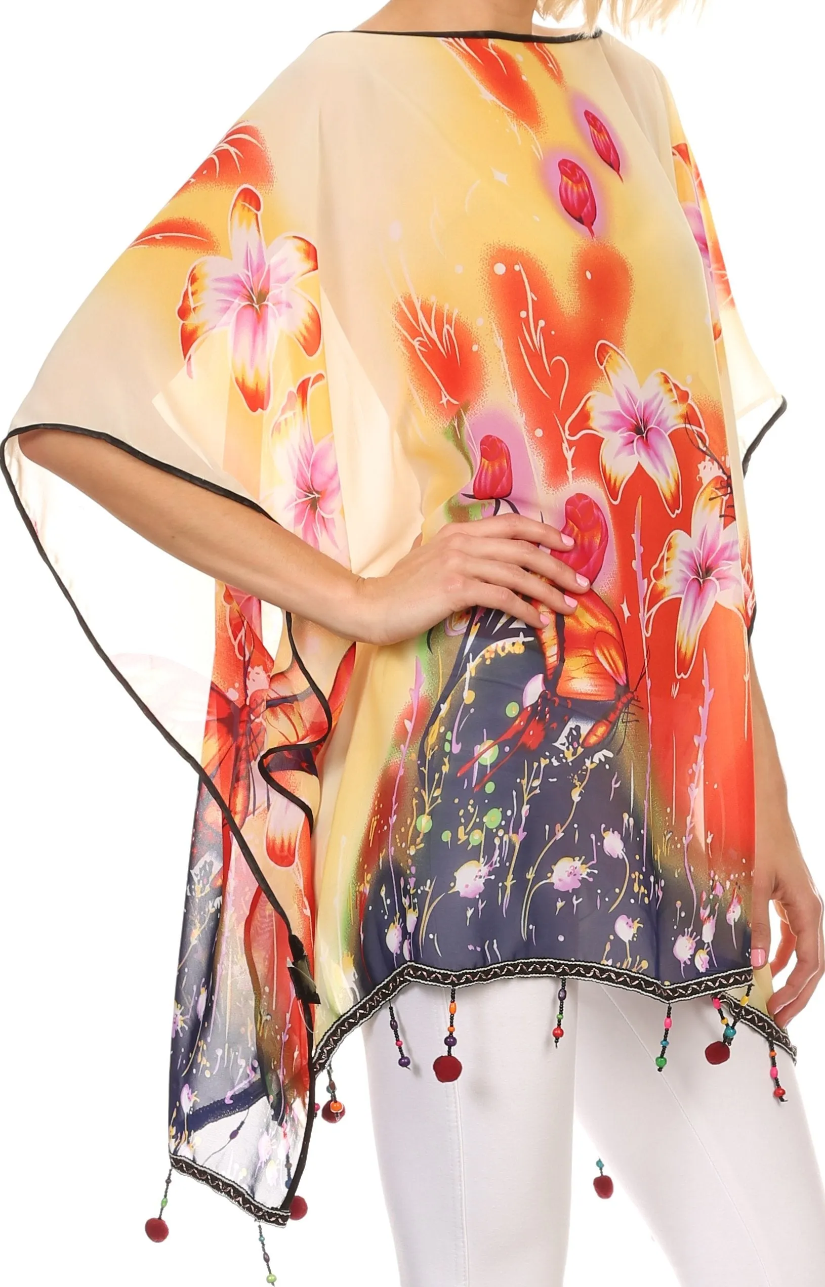 Sakkas Fediliah Sheer Long Wide Fringe Bead Floral Printed Poncho Blouse Top