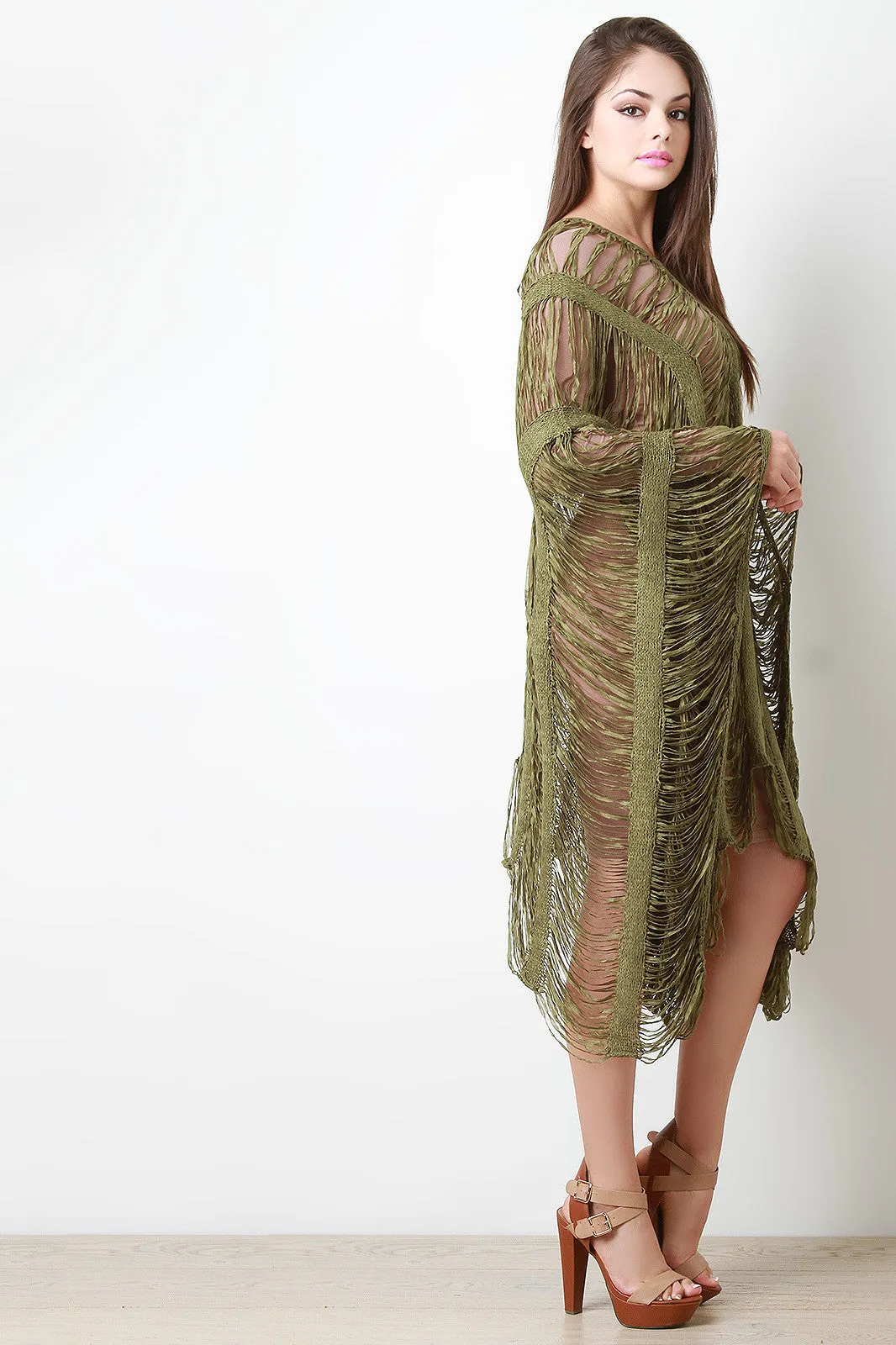 Shredded Knit Stripe Poncho