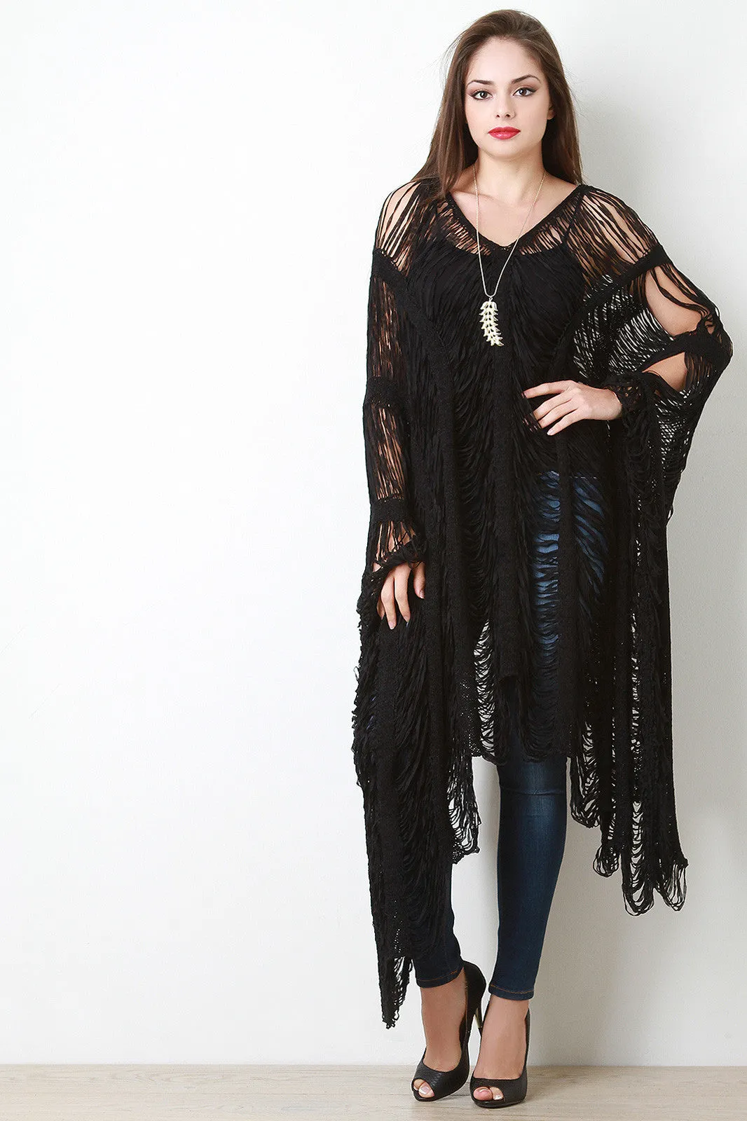 Shredded Knit Stripe Poncho