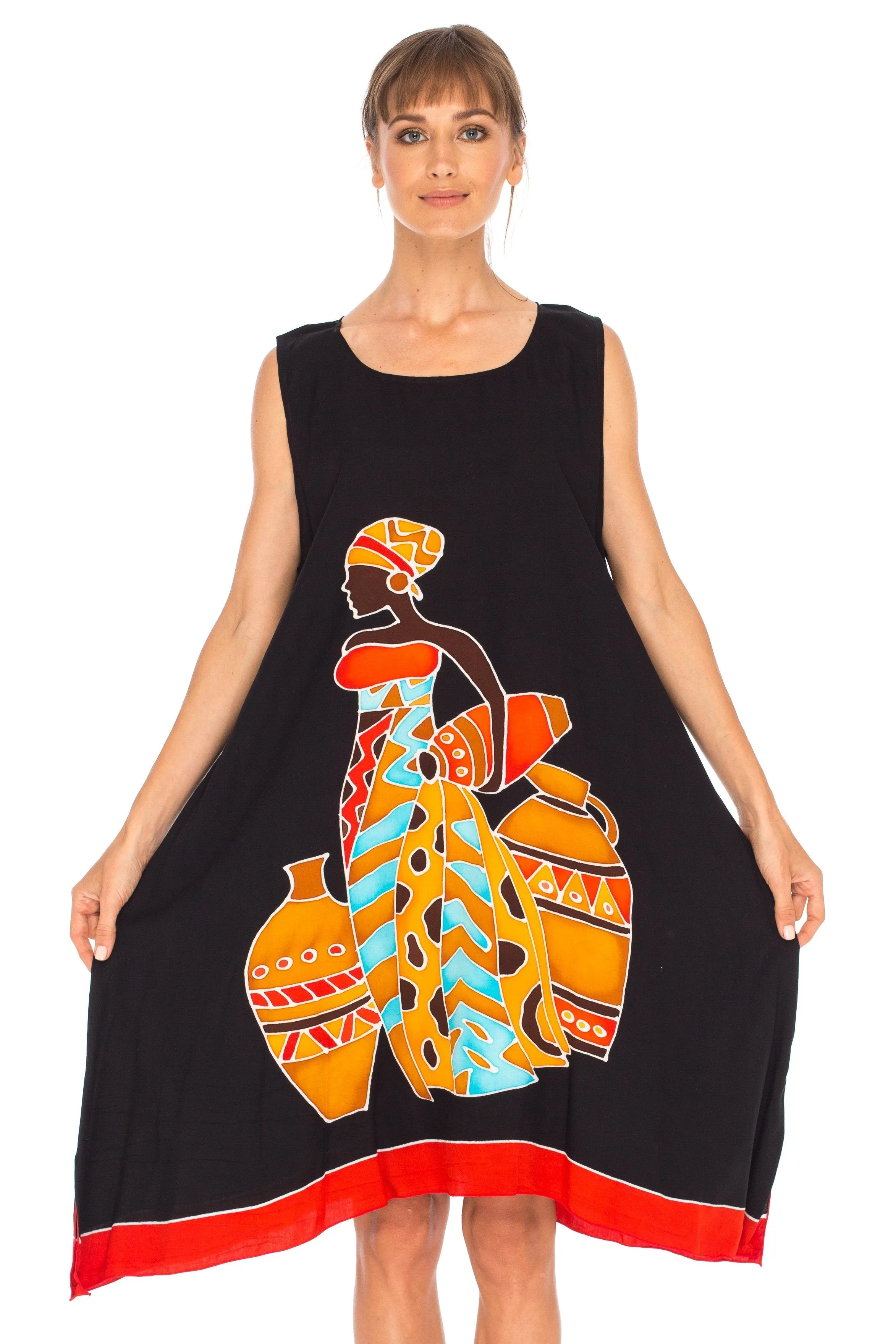 SHU-SHI Women's Poncho Dress | Hand Painted Tribal Design Beach Cover Up  Plus Size Short Swing Dress