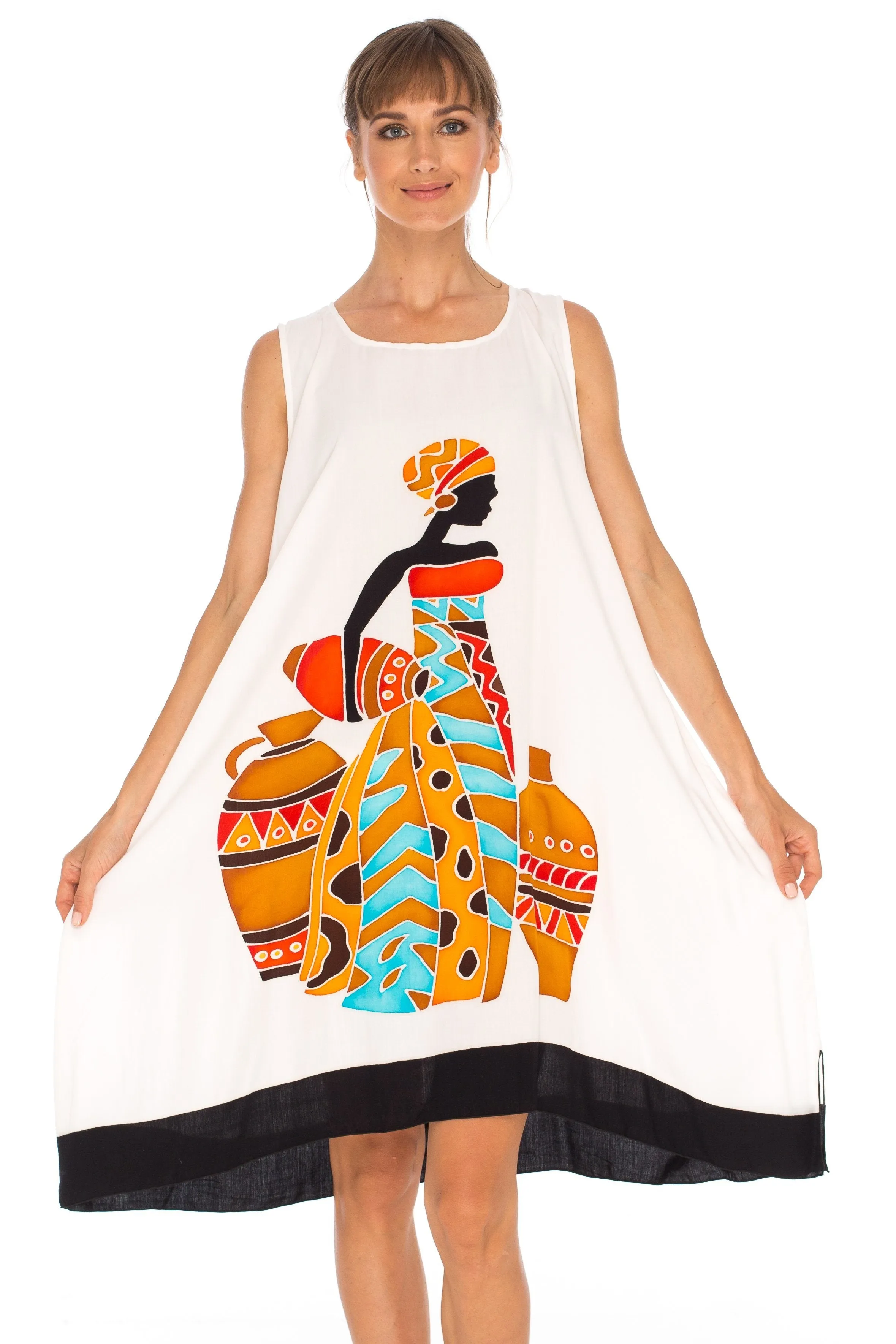 SHU-SHI Women's Poncho Dress | Hand Painted Tribal Design Beach Cover Up  Plus Size Short Swing Dress