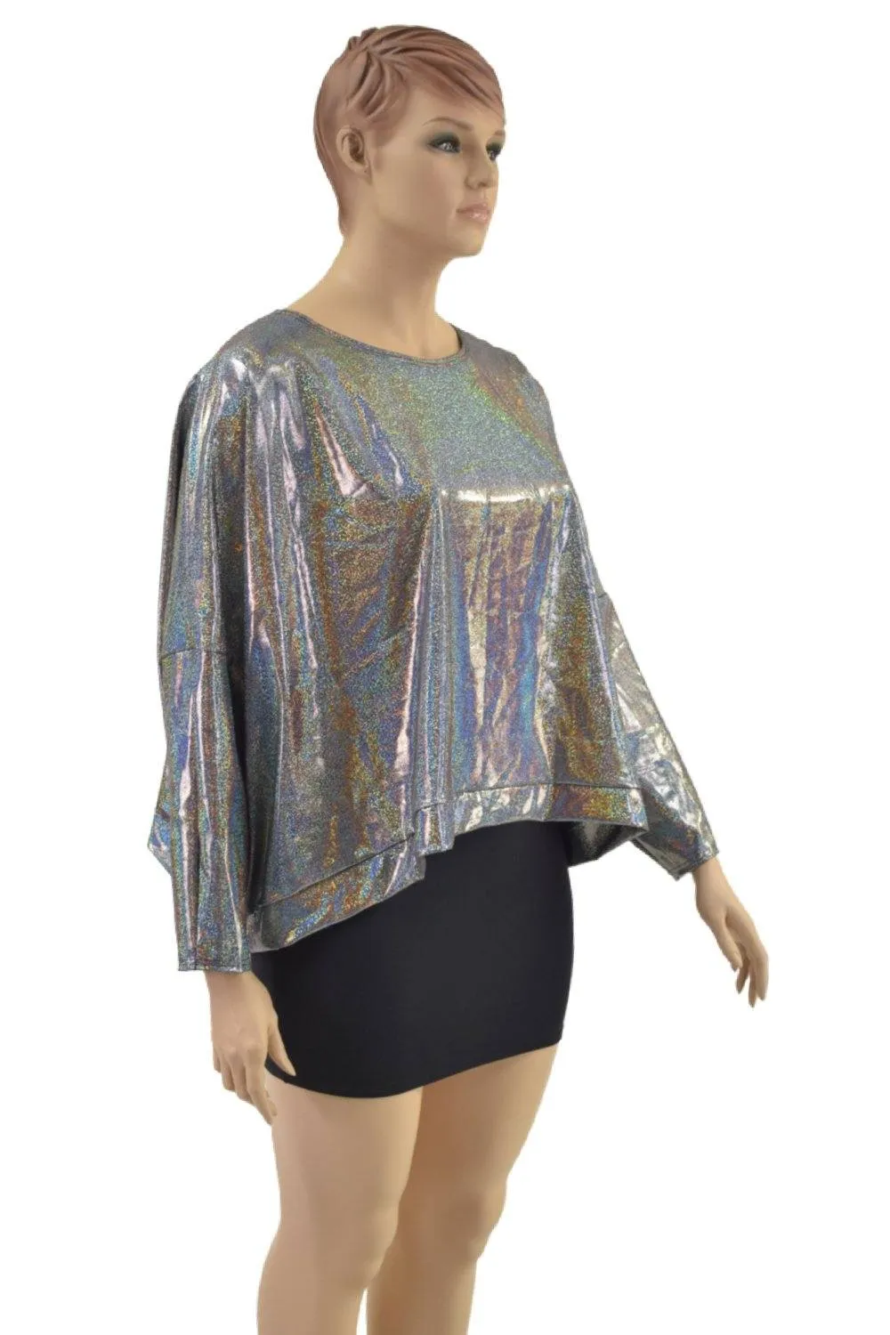 Silver Holographic Long Sleeve Pullover Poncho