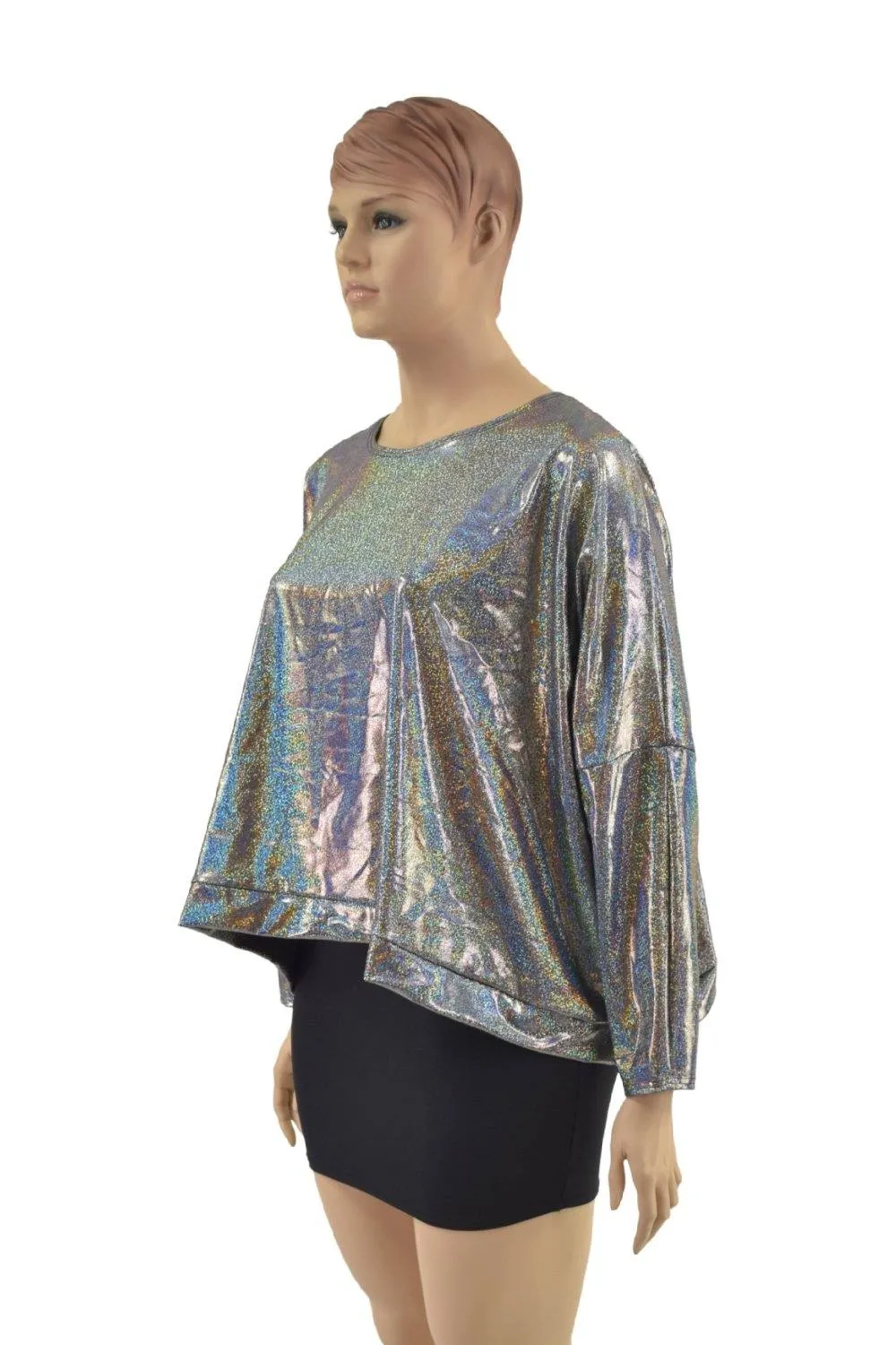 Silver Holographic Long Sleeve Pullover Poncho