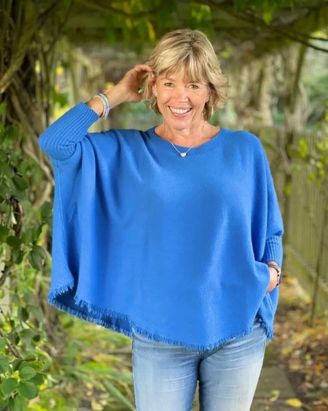 Slash Neck Fringed Poncho Jumper - Cobalt Blue