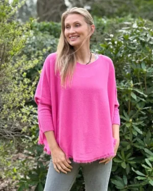 Slash Neck Fringed Poncho Jumper - Fuchsia