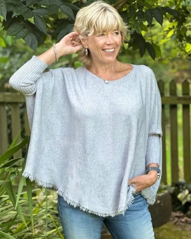 Slash Neck Fringed Poncho Jumper - Pale Grey