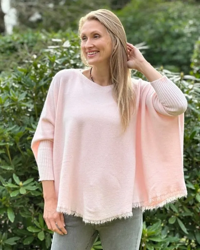 Slash Neck Fringed Poncho Jumper - Pale Pink