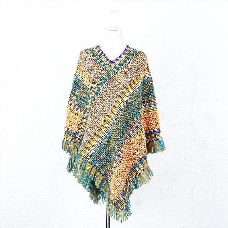 Soft Knitted Stripe Tassel Poncho