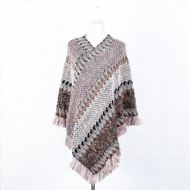 Soft Knitted Stripe Tassel Poncho