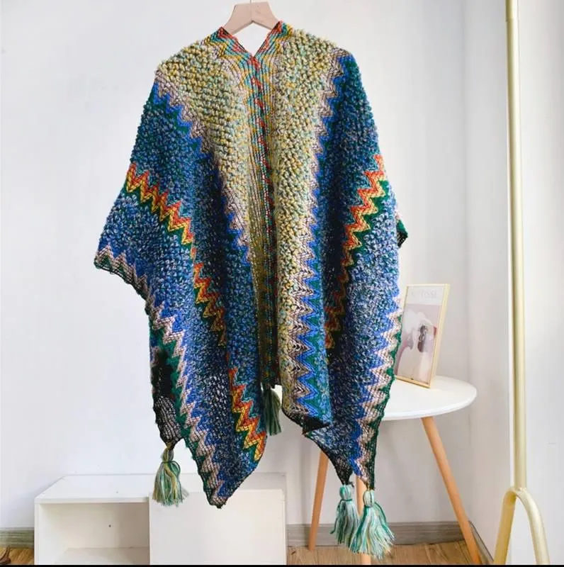 Soft Knitted Stripe Tassel Poncho