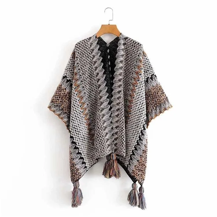 Soft Knitted Stripe Tassel Poncho