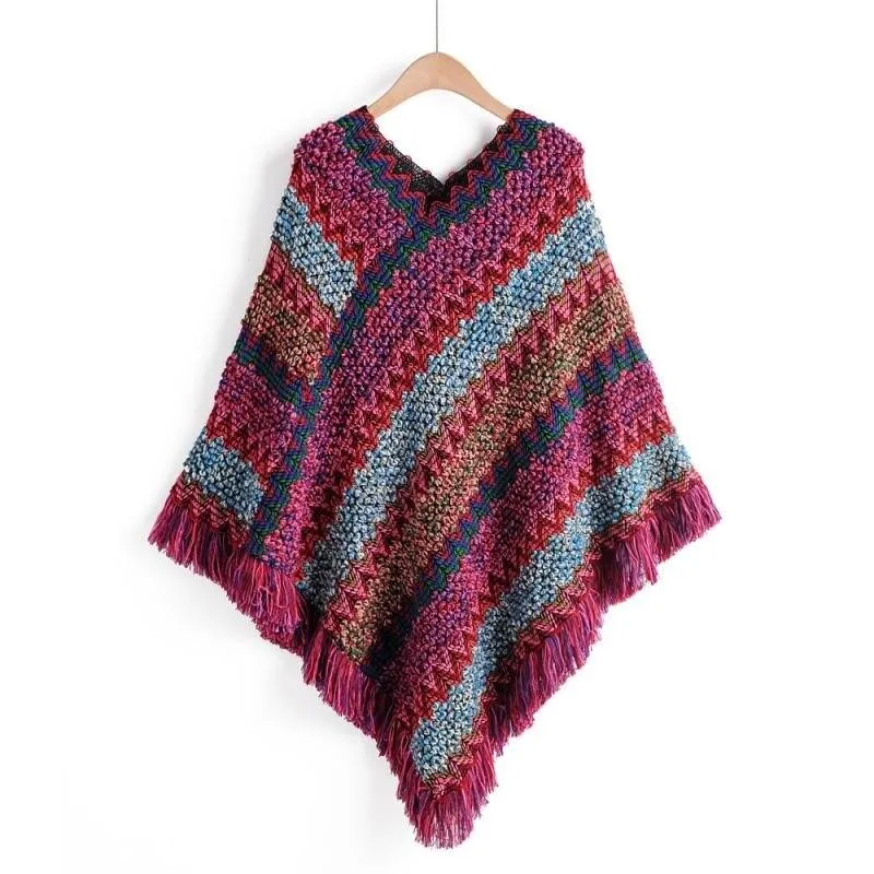 Soft Knitted Stripe Tassel Poncho