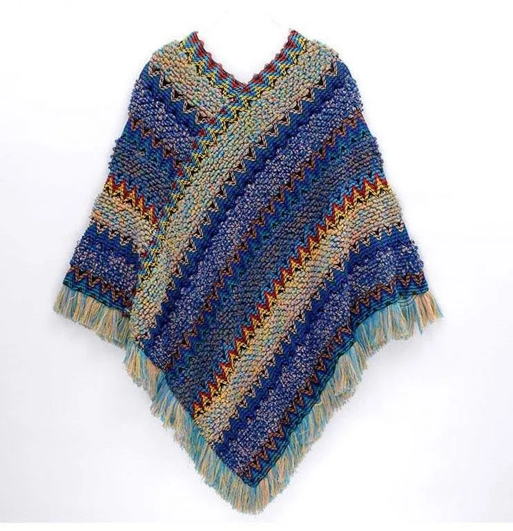 Soft Knitted Stripe Tassel Poncho